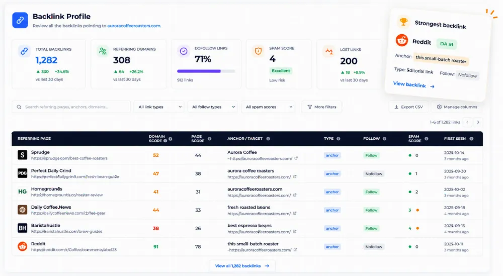 Backlink profile in Ranklogs with referring pages, domain score, anchor text, follow type and spam score