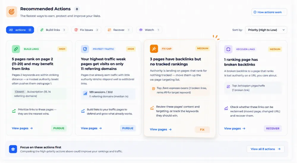Recommended backlink actions in Ranklogs — build, fix, recover and watch, instead of a raw link dump