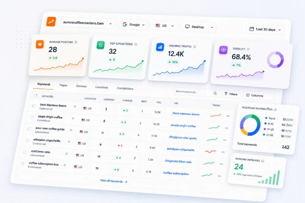 Ranklogs Rank Tracker dashboard showing average position, organic traffic, visibility and a daily keyword position table